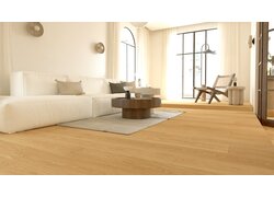 Moderner Wohnraum mit verlegtem Holzboden in heller Eichenoptik und natürlichem Tageslicht