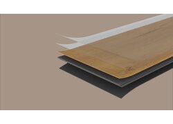 Explosionsdarstellung eines mehrschichtigen Holzbodens mit Nutzschicht, Trägerschicht und Unterlage