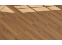 Detailaufnahme eines verlegten Holzbodens in dunkler Holzoptik. Natürliche Maserung und warmer Farbton, hervorgehoben durch einfallendes Tageslicht.