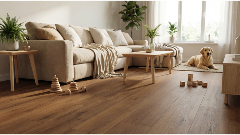 Wohnraum mit verlegtem dunklem Holzboden, Sofa, Holzmöbeln und natürlichem Tageslicht