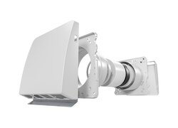Das Bild zeigt eine technische 3D-Zeichnung eines Leaf Basic Lüftungsgeräts in Explosionsansicht. Die Komponenten sind von links nach rechts angeordnet: eine Außenabdeckung, Ventilatoreinheit, Filterelemente, keramischer Wärmetauscher und das Anschlussgehäuse für die Wandmontage. Die Darstellung verdeutlicht den inneren Aufbau und die Funktionsweise des Systems für dezentrale Wohnraumlüftung mit Wärmerückgewinnung. Das Modell ist in Grautönen gehalten, der Hintergrund ist weiß.