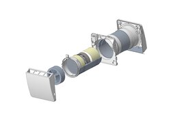 3D-Explosionsdarstellung des Leaf Basic Lüftungsgeräts mit sichtbaren Bauteilen wie Rohr, Filter und Abdeckung.
