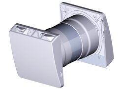 Das Bild zeigt eine 3D-Darstellung des Leaf Air Lüftungsgeräts in montierter Ansicht. Das Gerät besteht aus einem runden Lüftungsrohr mit rechteckiger Außenabdeckung und einer Wandanschlussplatte. Die Konstruktion verdeutlicht den kompakten Aufbau des Systems zur dezentralen Wohnraumlüftung mit Wärmerückgewinnung. Die Darstellung ist in hellen Grautönen auf weißem Hintergrund gehalten und zeigt die technischen Konturen und Details des Produkts.