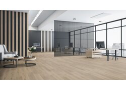 Moderne Büroumgebung mit Holzfußboden und Trennwänden.