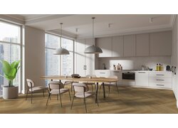 Moderne Küche mit Essbereich und großem Fenster.