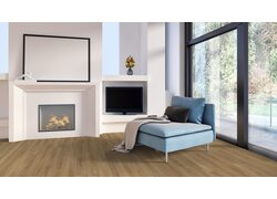 Wohnzimmer mit Kamin, TV und Holzfußboden.