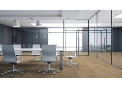 Moderne Büroräume mit Besprechungstisch und Glaswänden.