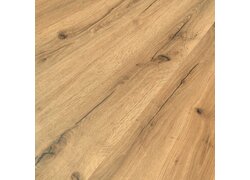 Vinylboden LVT Klebeplanken Nahaufnahme einer Holzoberfläche in Eichenoptik mit natürlicher Maserung.