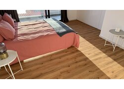 Modernes Schlafzimmer mit Holzoptik-Vinylboden, rosa Bett und weißen Möbeln
