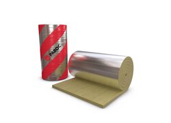 Aus Steinwolle bestehende Matte, kaschiert mit einer Aluminiumfolie. Eine verpackte Rolle, eine liegende Rolle leicht ausgerollt.