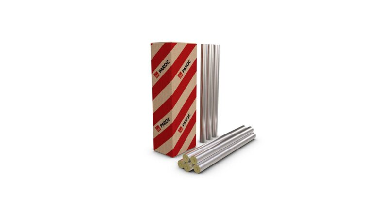 Aus Steinwolle bestehende Rohrschale, kaschiert mit einer Aluminiumfolie. Fünf liegende, gestapelte Rollen, drei stehende Rollen und ein Karton. 