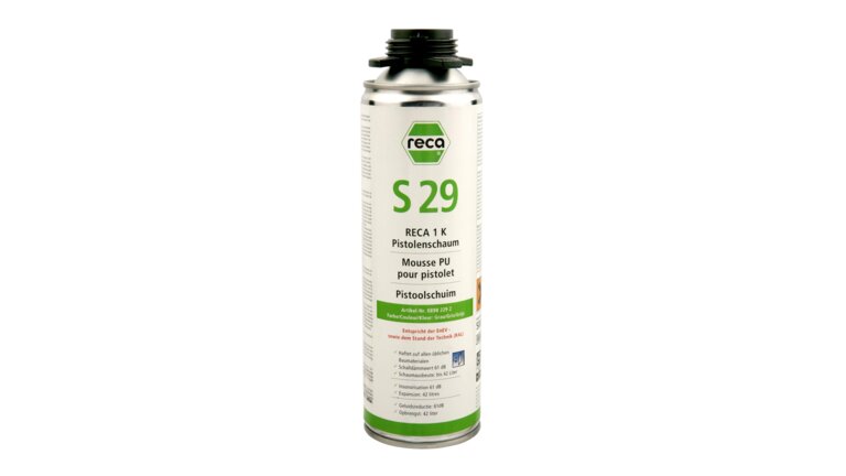 Eine Dose des Produkts „RECA S29 1K Pistolenschaum“ von „Reca“, grauer PU-Schaum zur Anwendung mit einer Pistole,Schallminderungswirkung von 61 dB, Schaum-Ausbeute von bis zu 42 Litern.