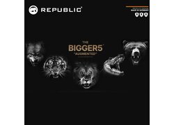 Schwarzes Hintergrund, stilisierte Tierköpfe, Löwe, Tiger, Wolf, Bär, Krokodil, "THE BIGGER5"