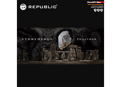Steinkreis, Stonehenge, mystisch, "TRILITHON" Text, schwarzer Hintergrund