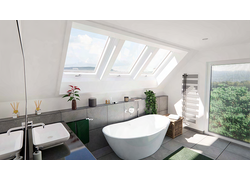Lichtgeflutetes Badezimmer mit drei Designo Heat R8 Klapp-Schwingfenster