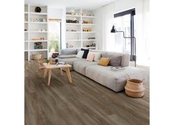 Helles Wohnzimmer mit dunklem Holzboden, grauem Sofa und Bücherregal.