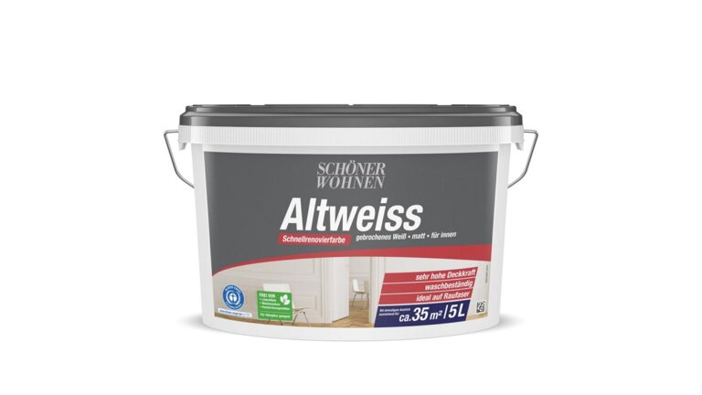 5-Liter-Eimer von "Schöner Wohnen Altweiss", verpackt in einem grauen Behälter. Die Farbe ist ein gebrochenes Weiß, matt und für den Innenbereich gedacht. Sie bietet sehr hohe Deckkraft und ist waschbeständig, ideal für die Anwendung auf Rauhfaser. Sie deckt ca. 35 m² ab.