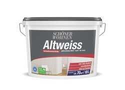 10-Liter-Eimer von "Schöner Wohnen Altweiss", verpackt in einem grauen Behälter. Die Farbe ist ein gebrochenes Weiß, matt und für den Innenbereich gedacht. Sie bietet sehr hohe Deckkraft und ist waschbeständig, ideal für die Anwendung auf Rauhfaser. Sie deckt ca. 70 m² ab.