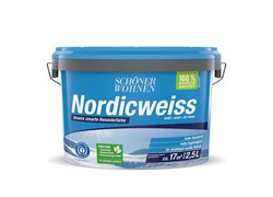 2,5-Liter-Eimer von "Schöner Wohnen Nordicweiss" in einem blauen Behälter. Die Innenfarbe ist weiß und matt, bietet hohe Deckkraft und ist für ca. 17 m² geeignet.