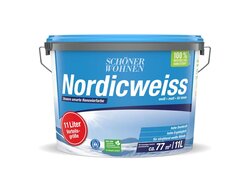 11-Liter-Eimer von "Schöner Wohnen Nordicweiss" in einem blauen Behälter. Die Farbe ist weiß und matt, speziell für den Innenbereich gedacht, mit hoher Deckkraft und einer Ergiebigkeit für ca. 77 m².