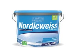 10-Liter-Eimer von "Schöner Wohnen Nordicweiss" in einem blauen Behälter. Die Farbe ist weiß und matt, ausgelegt für Innenräume, bietet hohe Deckkraft und Ergiebigkeit, und deckt ca. 70 m² ab.