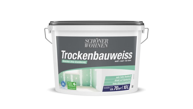 10-Liter-Eimer von "Schöner Wohnen Trockenbauweiss", der in einem grau-weißen Behälter dargestellt wird. Die Farbe ist weiß und matt, speziell für den Innenbereich und für die direkte Anwendung auf Gipskarton ohne Grundierung konzipiert. Sie bietet sehr hohe Deckkraft und eine Abdeckung von ca. 70 m².
