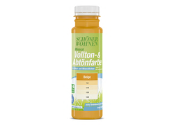 SCHÖNER WOHNEN Mineral Vollton-&Abtönfarbe in der Farbe Beige. Durchsichtige Flasche mit einem grün Logo mit weißer und blauer Schrift