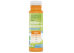 SCHÖNER WOHNEN Mineral Vollton-&Abtönfarbe in der Farbe Orange. Durchsichtige Flasche mit einem grün Logo mit weißer und blauer Schrift