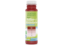 SCHÖNER WOHNEN Mineral Vollton-&Abtönfarbe in der Farbe Rot. Durchsichtige Flasche mit einem grün Logo mit weißer und blauer Schrift