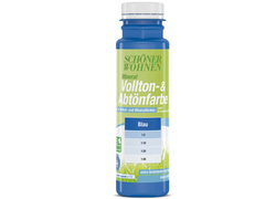 SCHÖNER WOHNEN Mineral Vollton-&Abtönfarbe in der Farbe blau. Durchsichtige Flasche mit einem grün Logo mit weißer und blauer Schrift