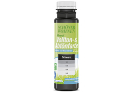 WOHNEN Mineral Vollton-&Abtönfarbe in der Farbe Schwarz. Durchsichtige Flasche mit einem grün Logo mit weißer und blauer Schrift