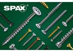 Diverse Produktbeispiele der SPAX Kohlenstoffstahlschraube auf grünem Hintergrund