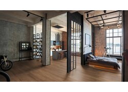 Industrieller Loft, Küche und Schlafzimmer verbunden.