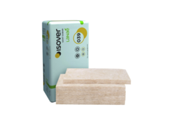„ISOVER Akustic TP 1“, eine Dämmplatte aus Mineralwolle von Saint-Gobain ISOVER. Die Verpackung ist grün und weiß mit dem Namen „Lanaé“ und der Kennzeichnung „039“. Die Dämmplatten sind rechteckig, beige und zur Schall- und Wärmedämmung im Bauwesen geeignet.  | © Saint-Gobain Isover G + H AG