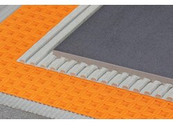Abdichtungs- und Entkopplungsmatte für Fliesenbeläge aus einer rissüberbrückenden Polypropylen-Folie mit hinterschnittenen quadratischen Vertiefungen im Easyfill-Design 