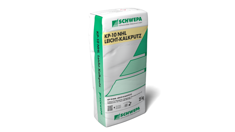 weisser Sack mit minzgrünen Streifen, 25 kg Leichtputzmörtel, KP 10 NHL Leicht-Kalkputz von SCHWEPA | © Schwepa Schwarzwälder Edelputzwerk GmbH