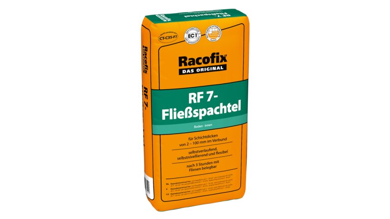 Racofix RF 7-Fließspachtel, in orangefarbener Verpackung, stehend