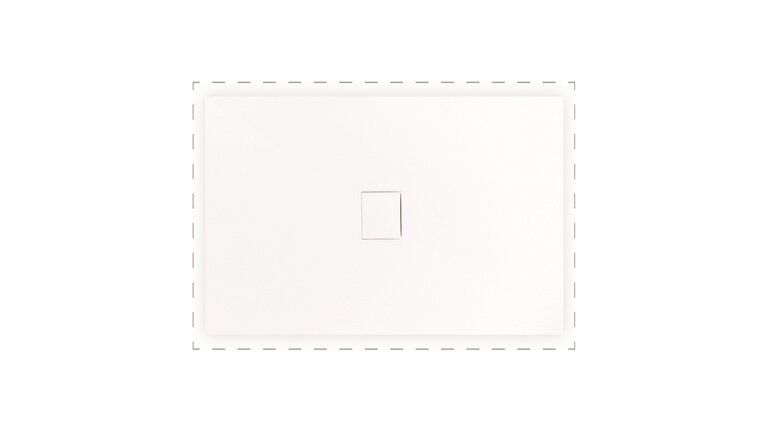 Weiße rechteckige Duschwanne mit zentralem Ablauf.