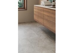 Grauer Boden mit Holz-Waschtisch