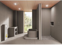 Modernes Badezimmer mit grauen Wandplatten.