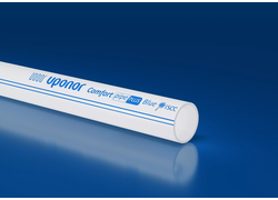  Flächenheizungsrohr, außen weiße PE - Schicht mit blauem Schriftzug "Uponor Comfort Pipe PLUS Blue ISCC"