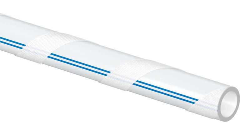 Flächenheizungsrohr mit Klettbefestigung,  außen weiße PE - Schicht, mit spiralförmig aufgebrachtem Klettband.