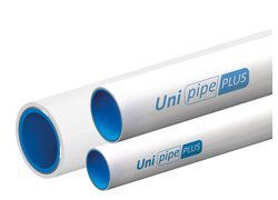 Mehrschichtverbundrohr ohne Schweißnaht, innen blau, außen weiß mit blauem Schriftzug "Uni Pipe PLUS"