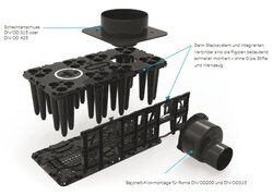 Explodierte Darstellung von schwarzem Versickerungsmodul mit Anschlüssen.