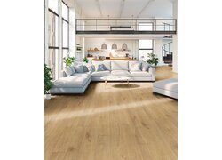 Großzügiges Wohnzimmer mit heller Couch, Holzboden und offener Küche.