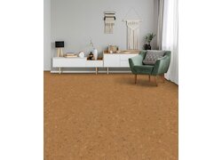Wohnzimmer mit Korkboden, minimalistischer Einrichtung und grünen Akzenten.