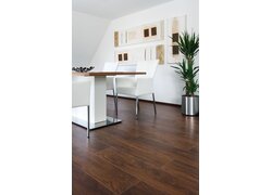 Modernes Esszimmer mit dunklem Holzboden.