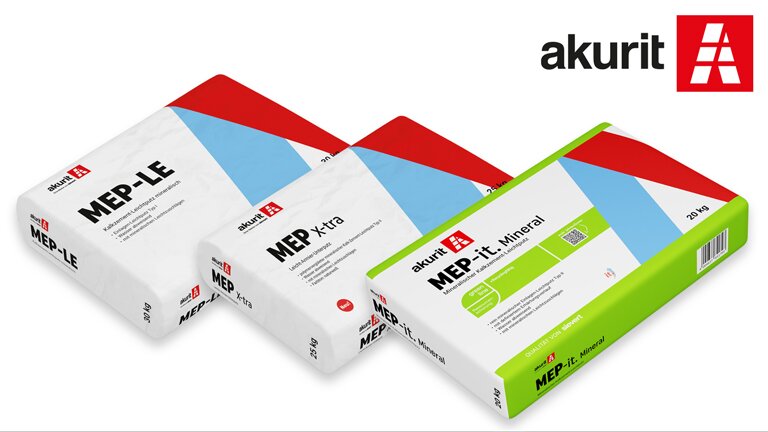 drei Akurit Mörtelsäcke (MEP-LE, MEP-Xtra, MEP-it Mineral) nebeneinander.