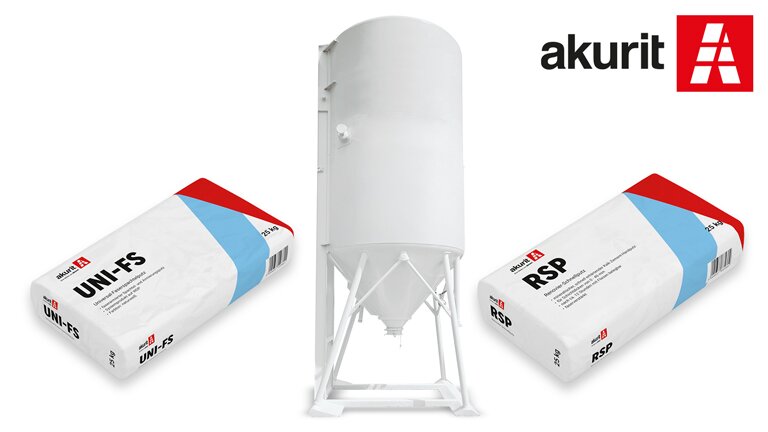Weiße Säcke mit rotem und blauem Design: Akurit UNI-FS und RSP, jeweils 25 kg.