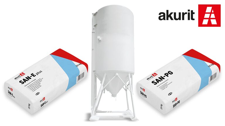 Titelbild Sanierputze Weiße Säcke Akurit SAN-E plus und SAN-PG, je 25 kg, mit rotem und blauem Design.